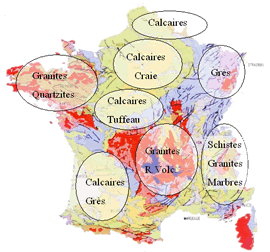 la carte géologique de la France et les différents ensembles qui la composent, il est cependant possible de présenter quelques grands gisements de pierre exploités pour la construction